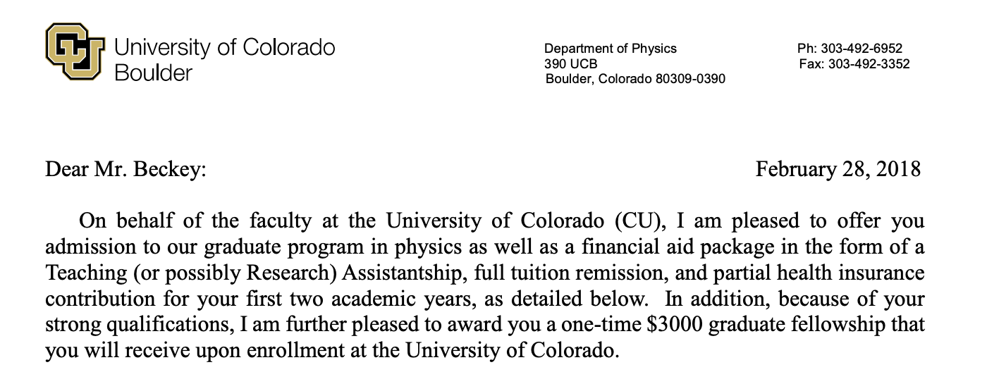 Colorado Boulder Physics PhD acceptance letter.