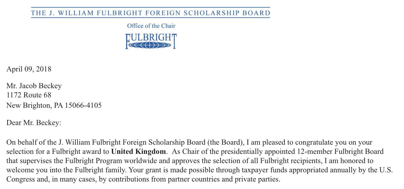 Fulbright acceptance letter.
